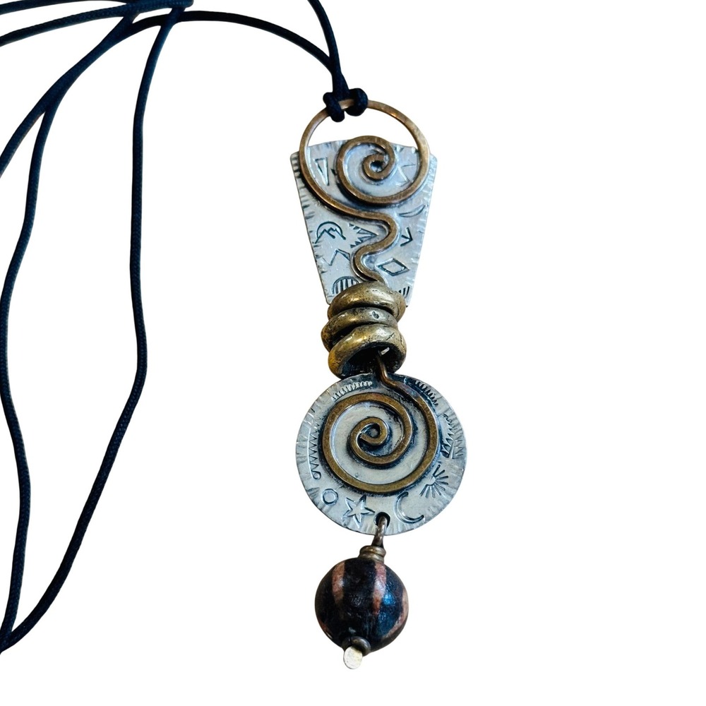 Miller Pewter Brass Medallion Necklace VTG Statement Retro Boho Silver Etched